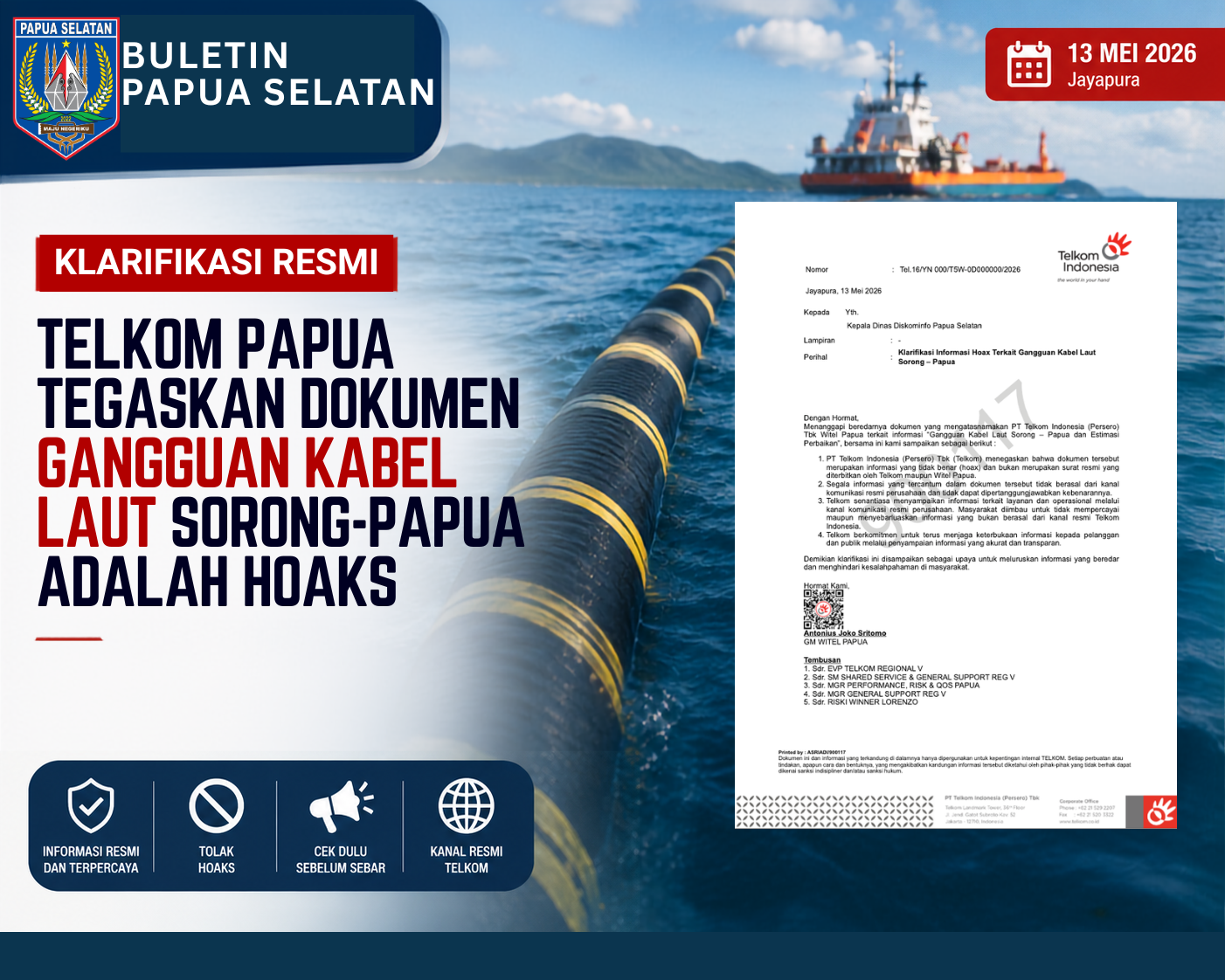 Telkom Papua Klarifikasi Informasi Hoaks Terkait Gangguan Kabel Laut Sorong–Papua