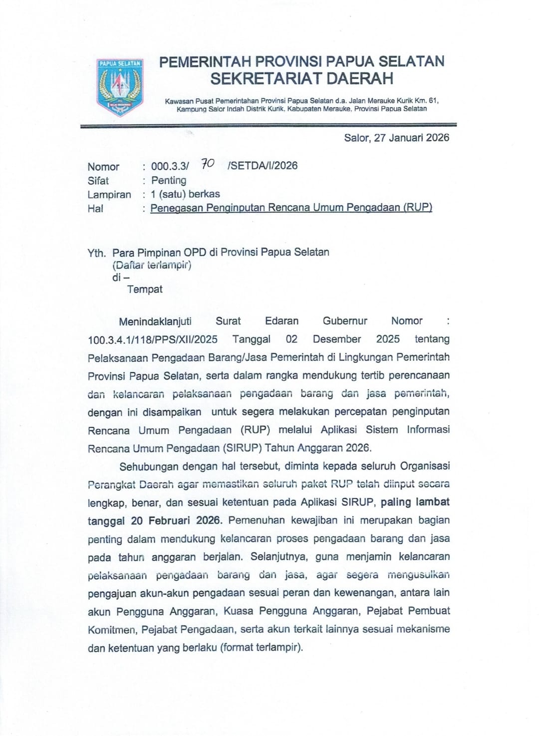 Sekda Papua Selatan Instruksikan OPD Percepat Penginputan RUP Tahun Anggaran 2026 - Gambar 1