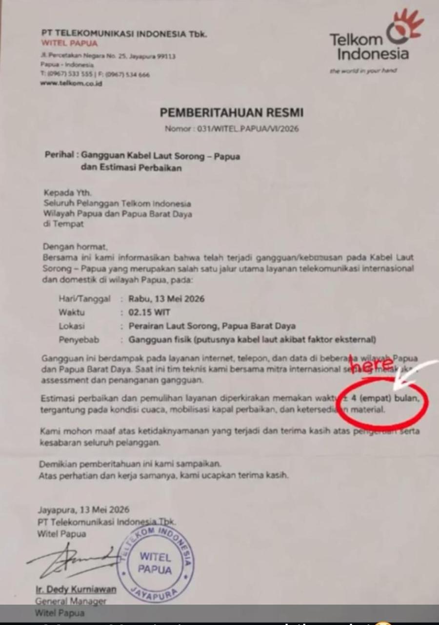 Telkom Papua Klarifikasi Informasi Hoaks Terkait Gangguan Kabel Laut Sorong–Papua - Gambar 1